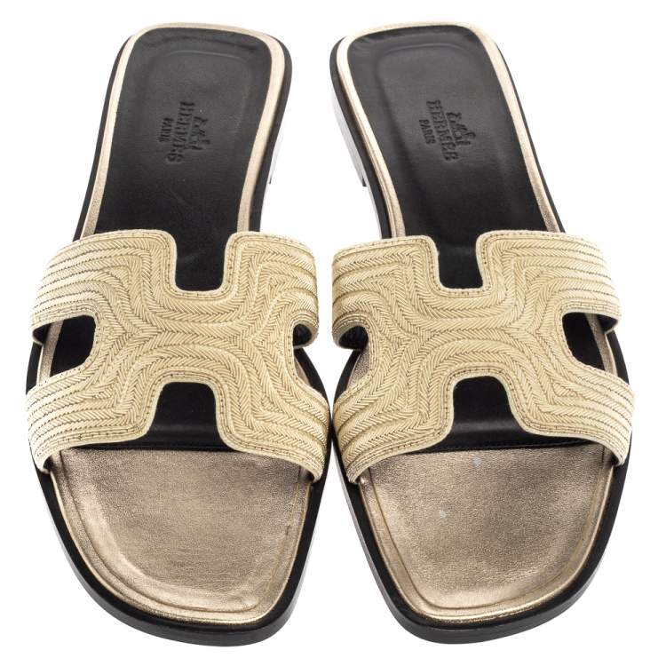 Hermes Metallic Pale Gold Twisted Metal Thread Oran Sandals Size 39.5