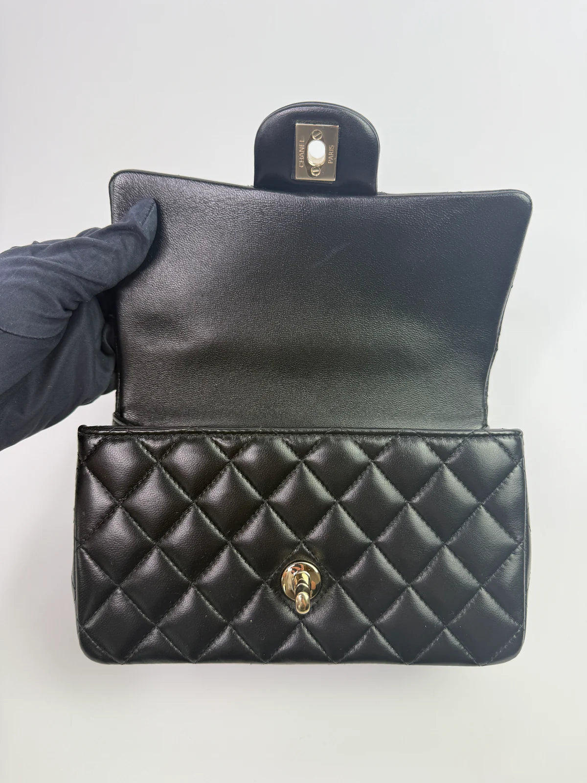 CHANEL MINI RECTANGLE TOP HANDLE IN BLACK LAMBSKIN WITH PGHW