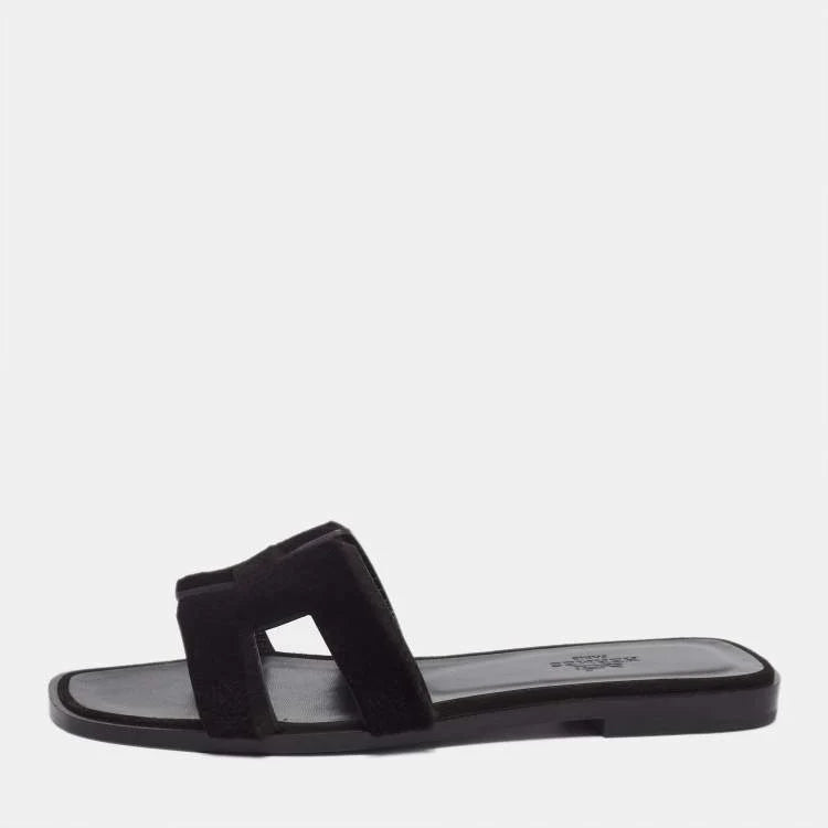 Hermes Black Fur Oran Sandals Size 37