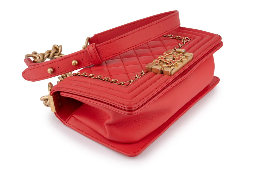 Chanel Quilted Chain Around Small Boy Lamskin Watermelon Red GHW