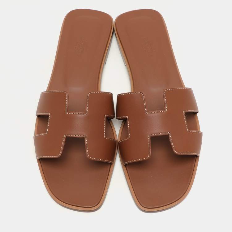 Hermes Gold Leather Oran Flat Sandals Size 40.5