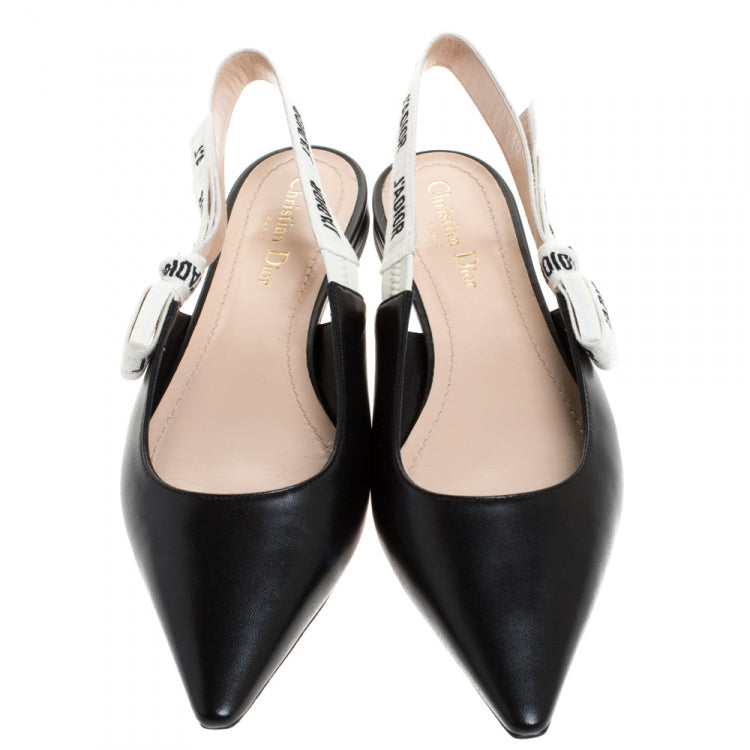 Dior Black Leather J'adior Ribbon Pointed Toe Slingback Flats Size 40.5