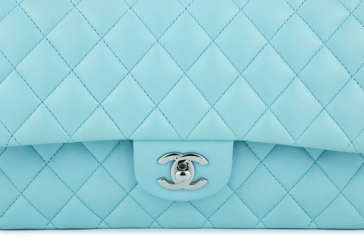 Chanel Medium Classic Flap Lambskin Neon Blue Silver Hardware
