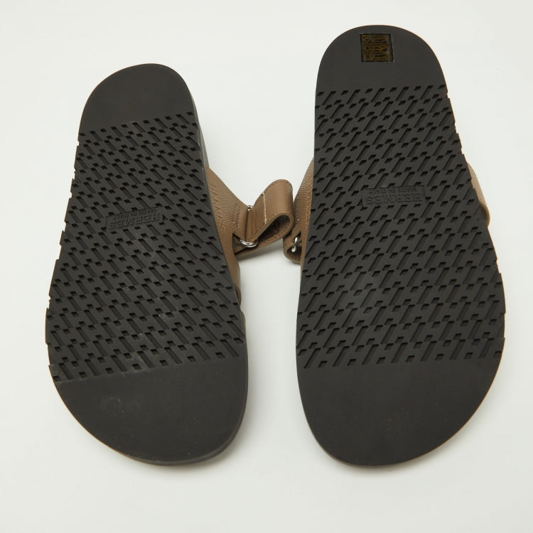 Hermes Brown Leather Chypre Velcro Strap Flat Sandals Size 41