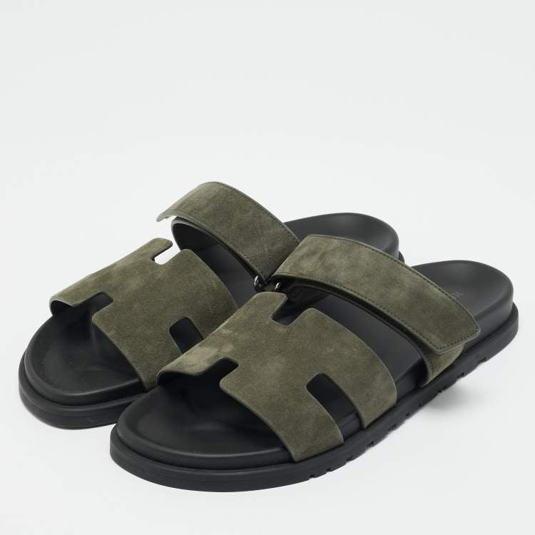 Hermes Chypre Size 40 Dark Olive Green Slide Sandals