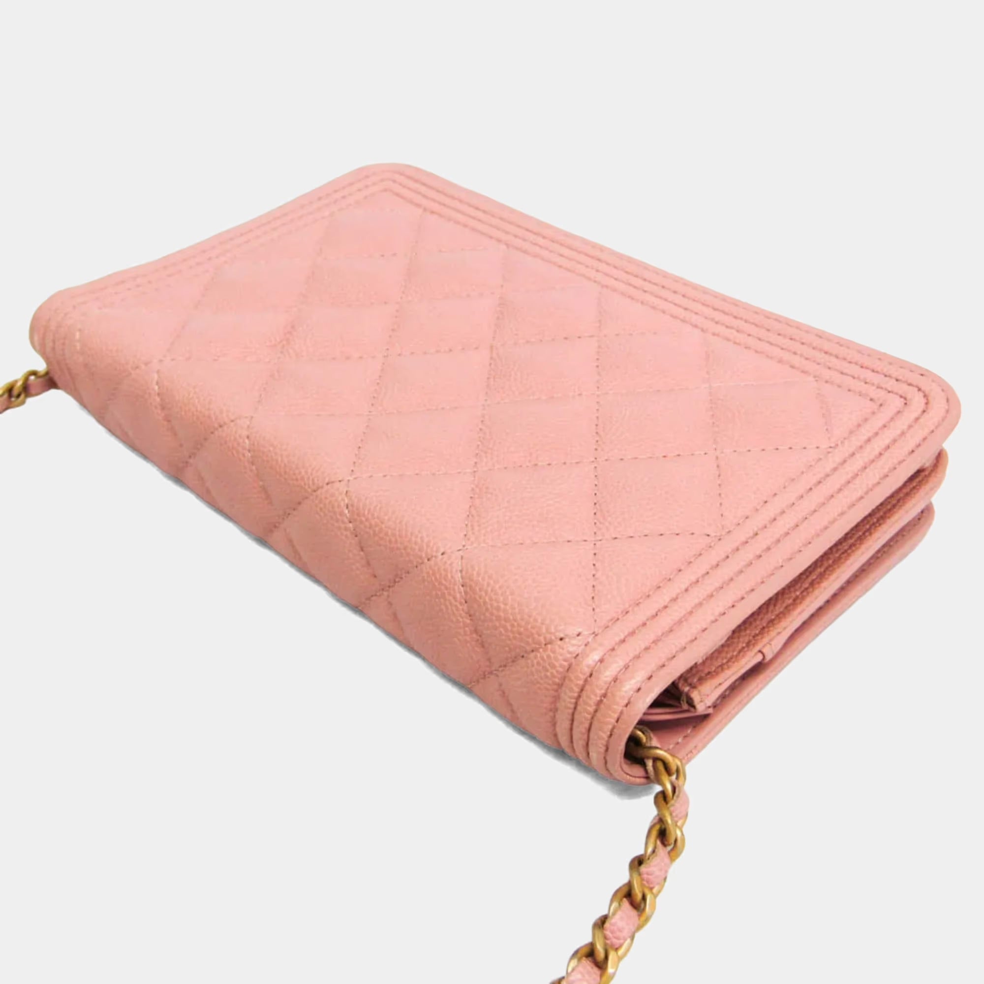 Chanel Boy Wallet On Chain Pink Grained Calfskin Leather Crossbody Bag