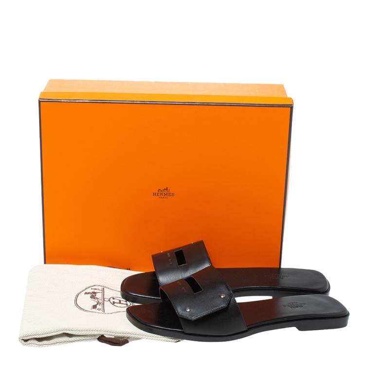 Hermes Black Leather View Slide Sandals Size 38
