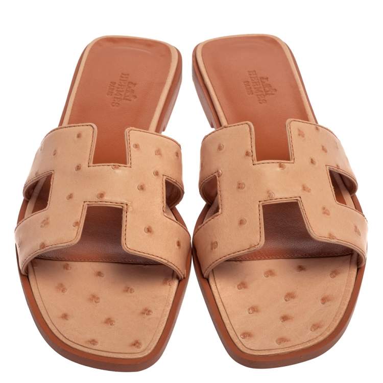 Hermes Pink Ostrich Leather Oran Sandals Size 38