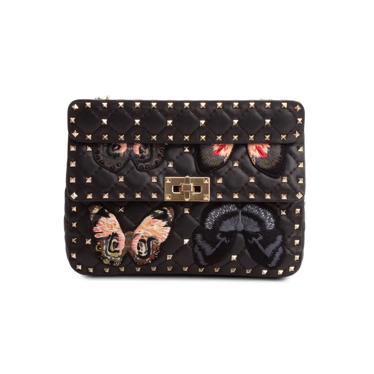 Valentino 2020 Black Nappa Leather Medium Rockstud Butterfly Embroidered Spike Shoulder Bag