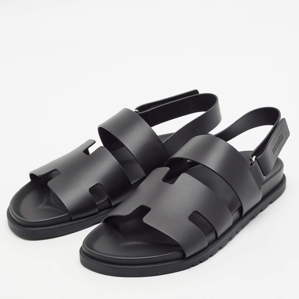 Hermes Genius Size 39 Black Leather Flat Sandals