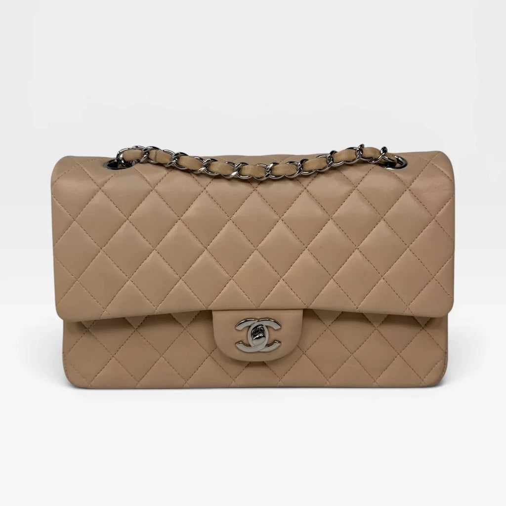 CHANEL MEDIUM CLASSIC DOUBLE FLAP LIGHT BEIGE LAMBSKIN LEATHER WITH SILVER HARDWARE