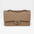 CHANEL MEDIUM CLASSIC DOUBLE FLAP LIGHT BEIGE LAMBSKIN LEATHER WITH SILVER HARDWARE