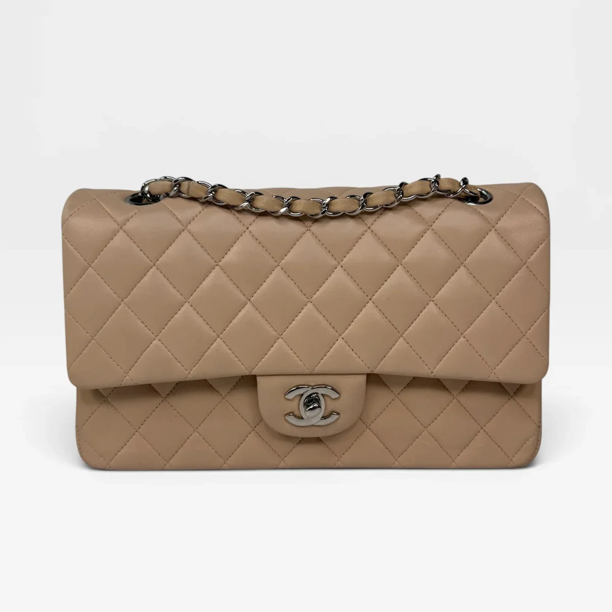 CHANEL MEDIUM CLASSIC DOUBLE FLAP LIGHT BEIGE LAMBSKIN LEATHER WITH SILVER HARDWARE