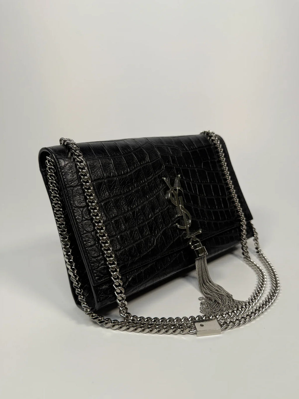 SAINT LAURENT BLACK CROC EMBOSSED KATE TASSEL BAG