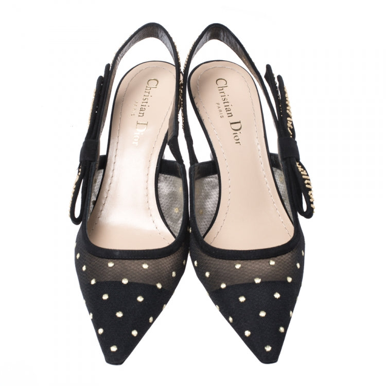 Dior Black Plumetis Mesh J'adior Studded Suede Pointed Toe Slingback Sandals Size 37.5