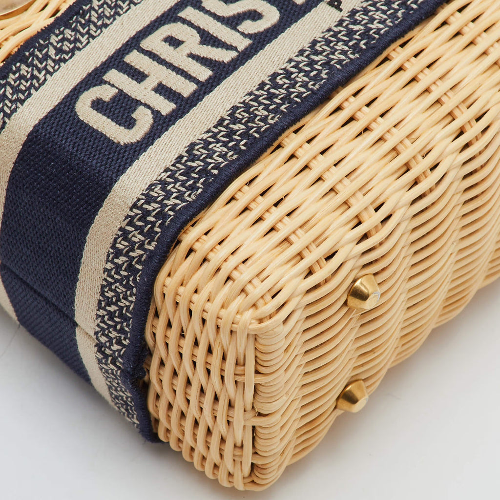 Dior Lady Dior Mini Beige/Navy Blue Wicker and Oblique Canvas Tote