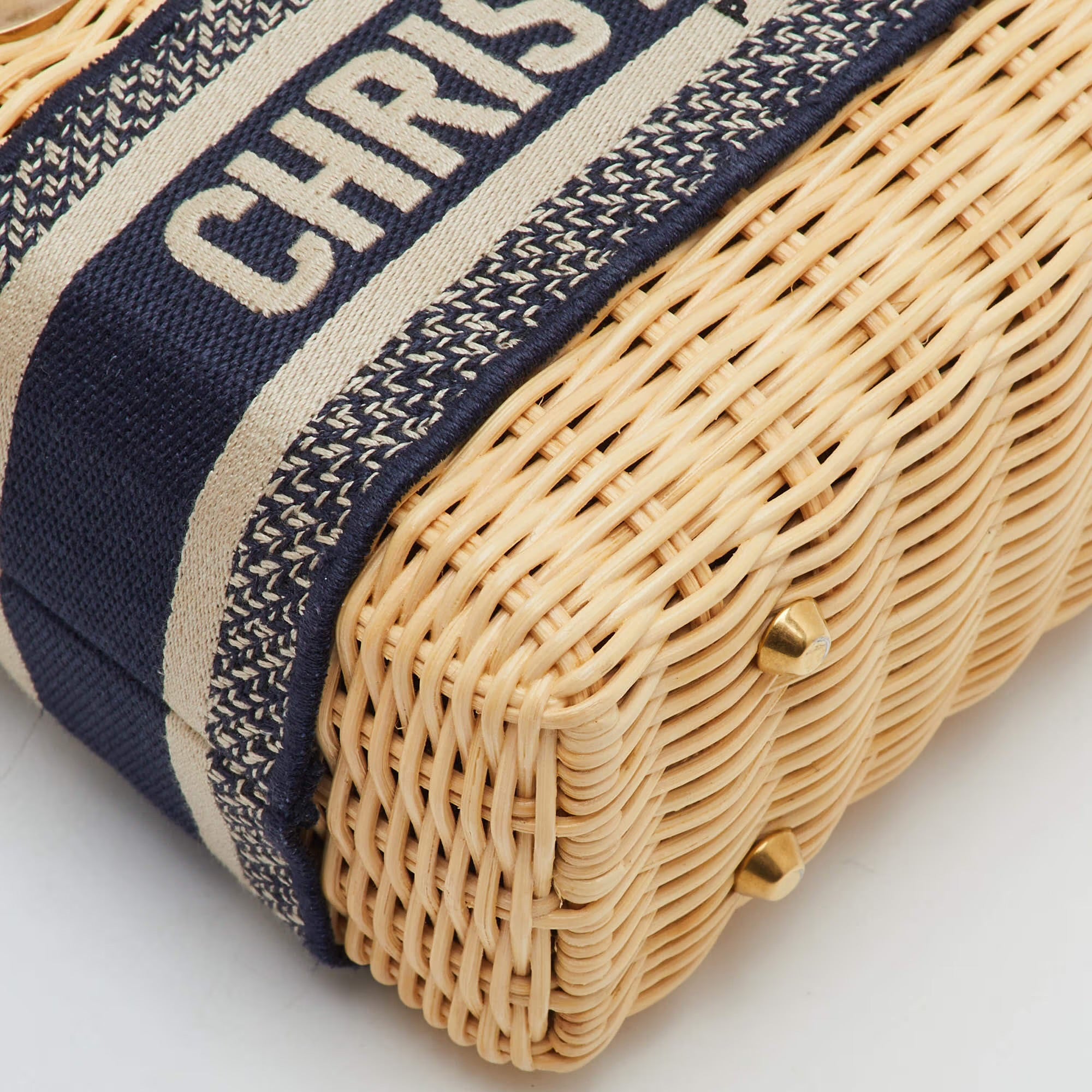 Dior Lady Dior Mini Beige/Navy Blue Wicker and Oblique Canvas Tote