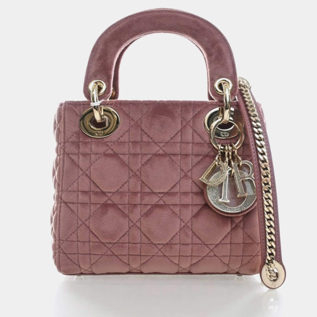Christian Dior Lady Dior Mini Pink Velvet Top Handle Bag