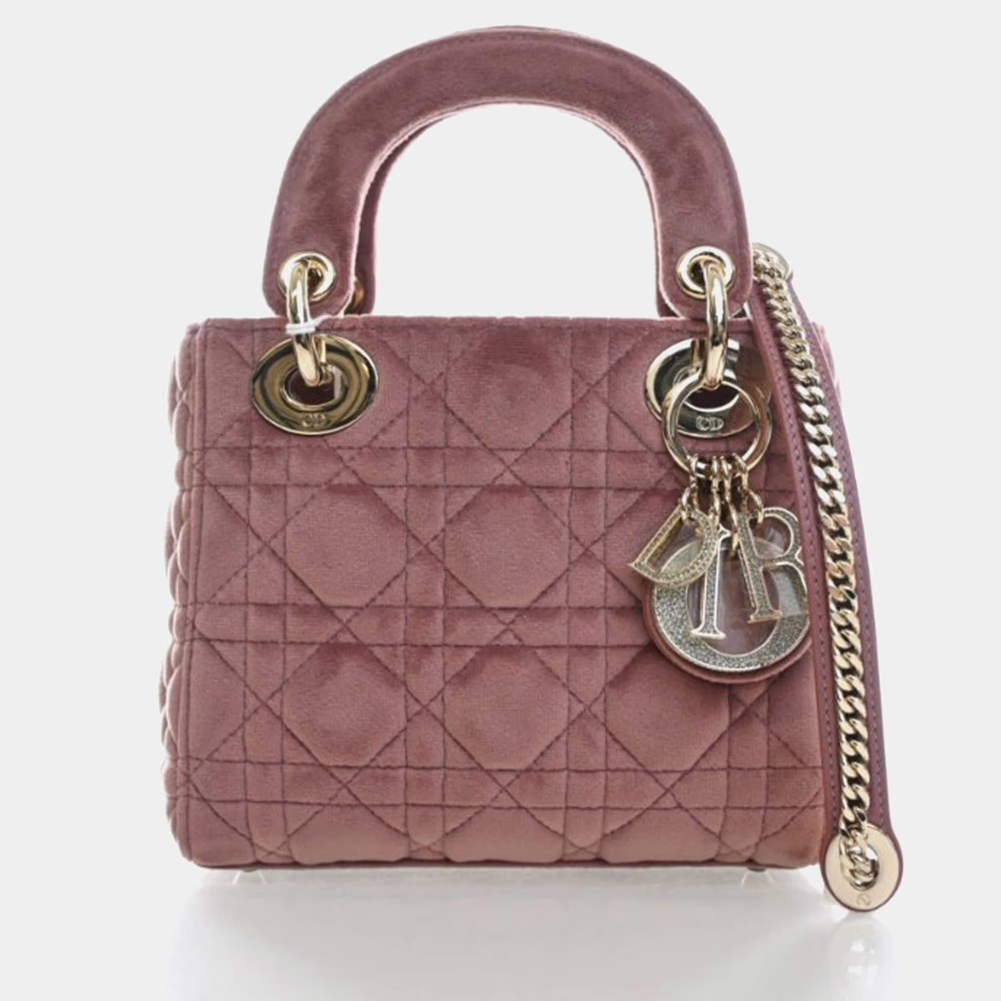Christian Dior Lady Dior Mini Pink Velvet Top Handle Bag