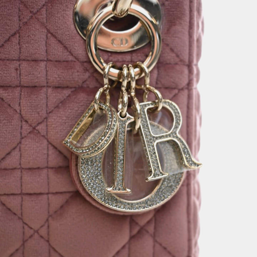 Christian Dior Lady Dior Mini Pink Velvet Top Handle Bag