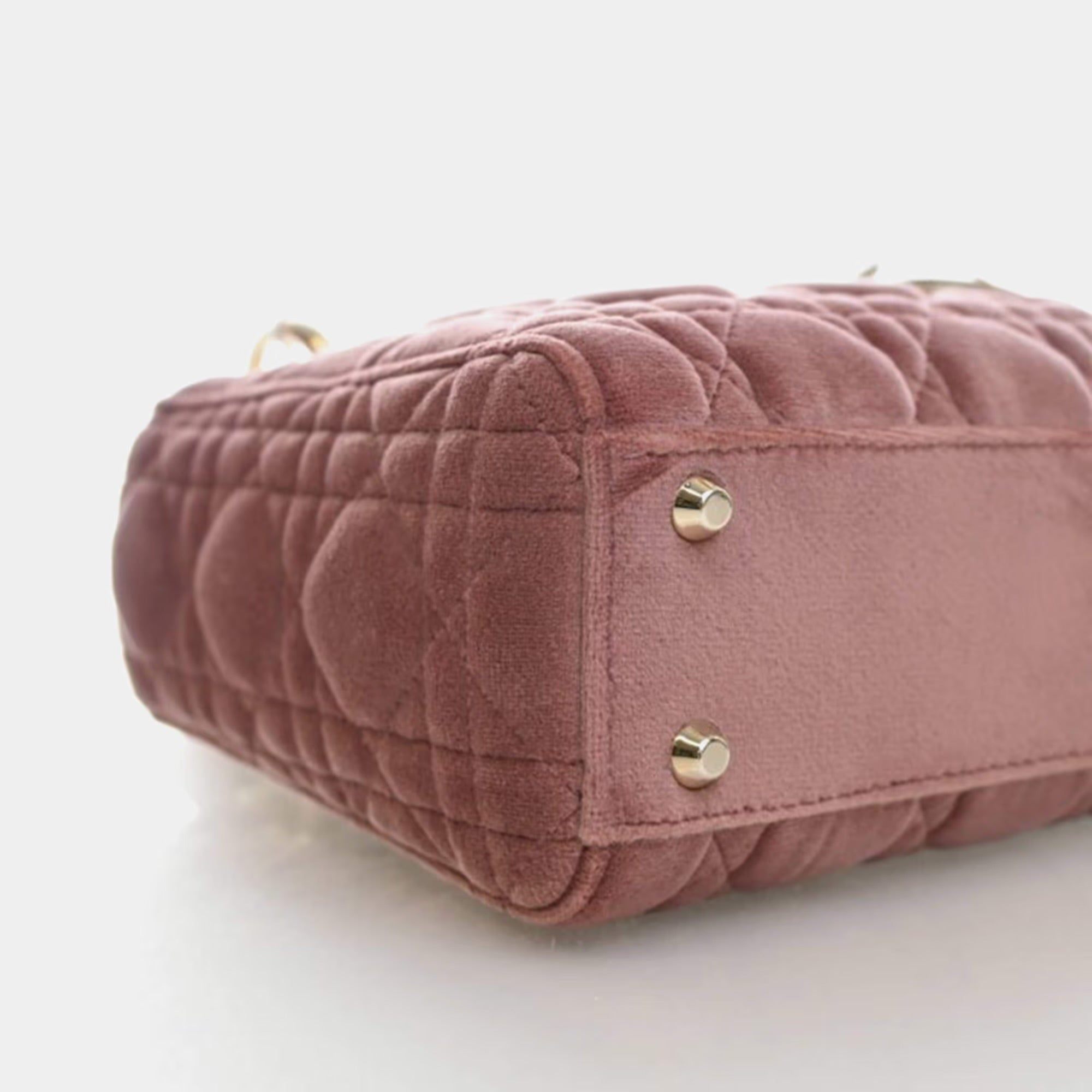 Christian Dior Lady Dior Mini Pink Velvet Top Handle Bag
