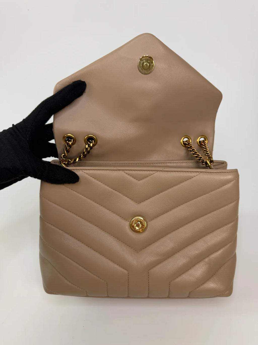SAINT LAURENT SMALL LOULOU IN DARK BEIGE LEATHER WITH GOLD HARDWARE