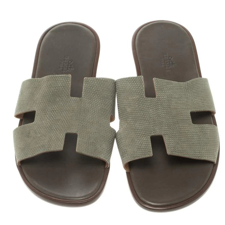Hermes Grey Lizard Izmir Sandals Size 44