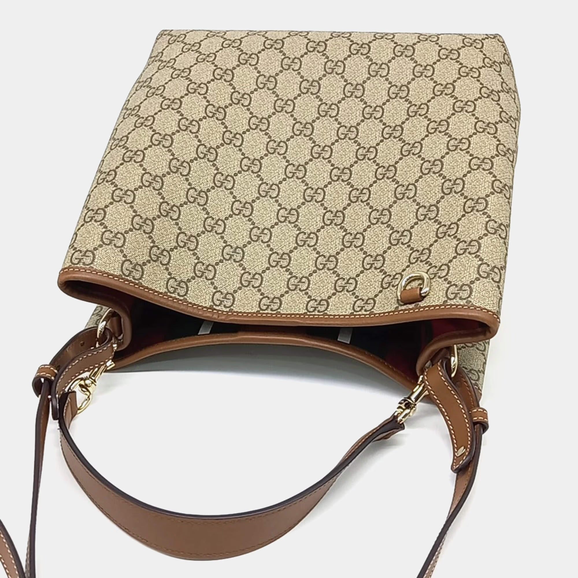 Gucci Beige Brown PVC GG Emblem Medium Bucket Bag