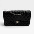 CHANEL MEDIUM CLASSIC DOUBLE FLAP BLACK LAMBSKIN WITH SILVER HARDWARE