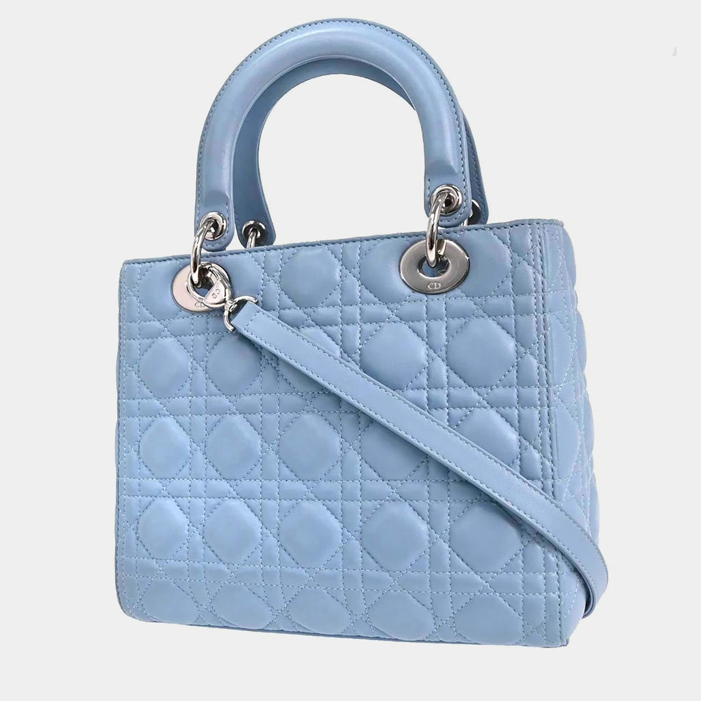 Christian Dior Lady Dior Medium Blue Lambskin Top Handle Bag