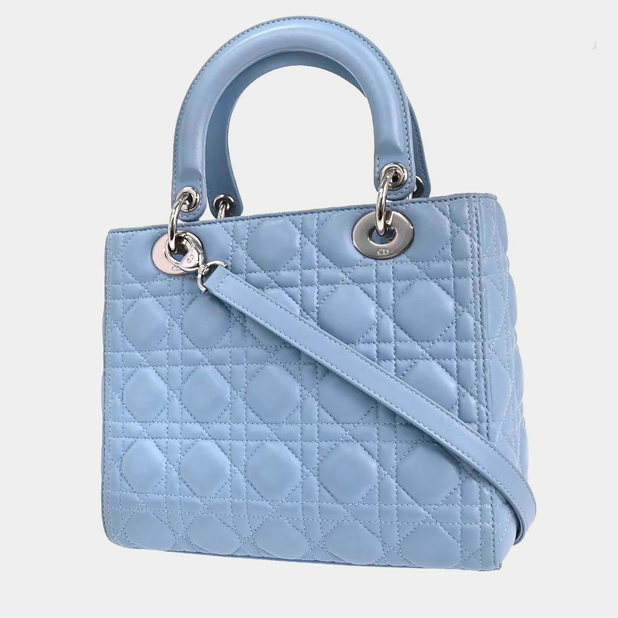 Christian Dior Lady Dior Medium Blue Lambskin Top Handle Bag