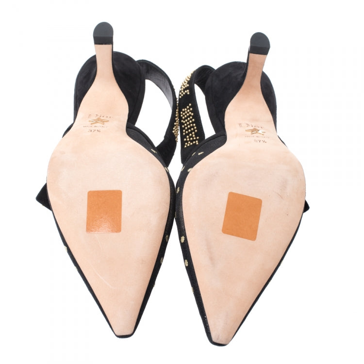 Dior Black Plumetis Mesh J'adior Studded Suede Pointed Toe Slingback Sandals Size 37.5