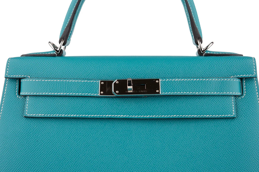 Hermès Kelly 28 HSS Epsom Blue Paon Verso Gris Perle PHW