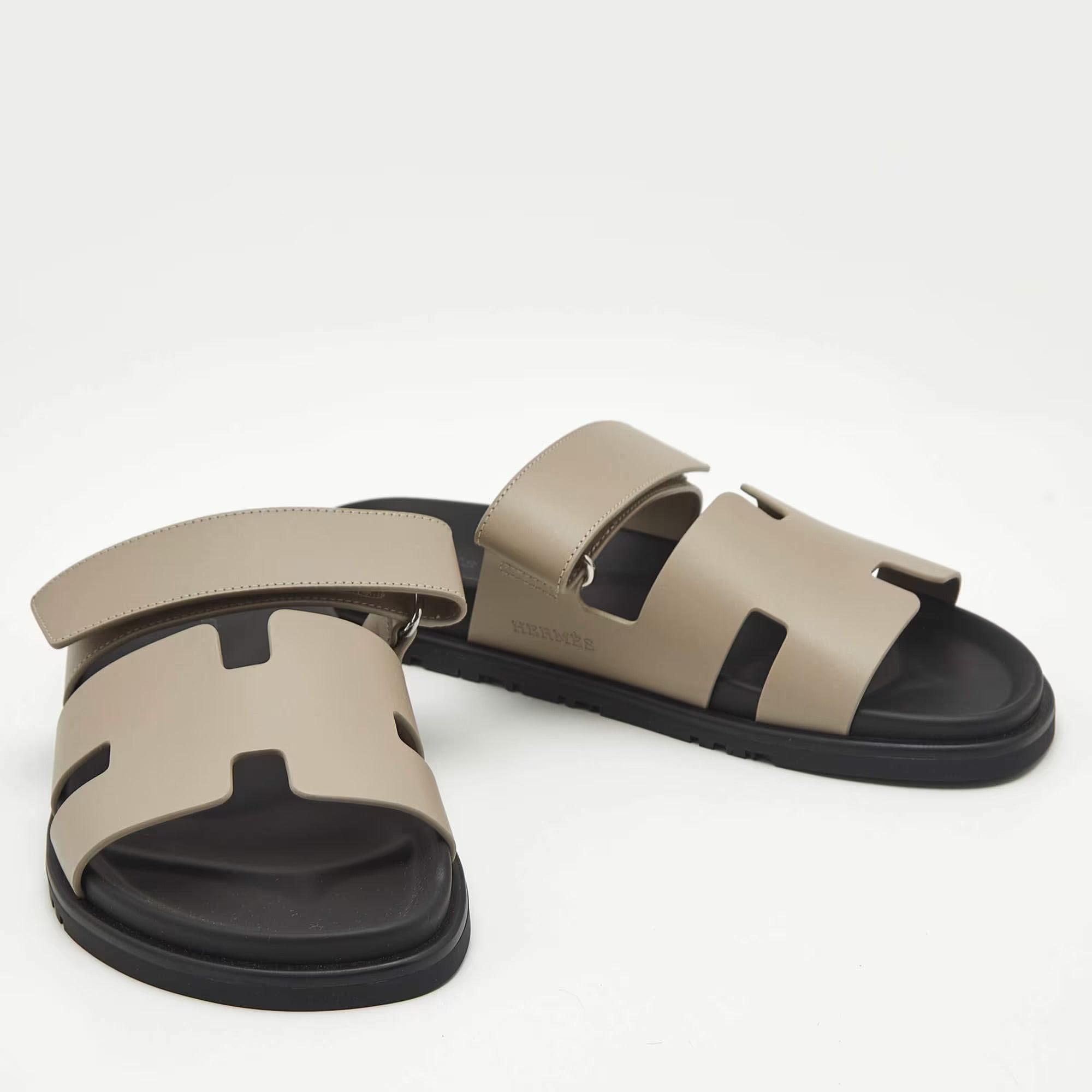 Hermes Chypre Size 42.5 Grey Leather Flat Sandals