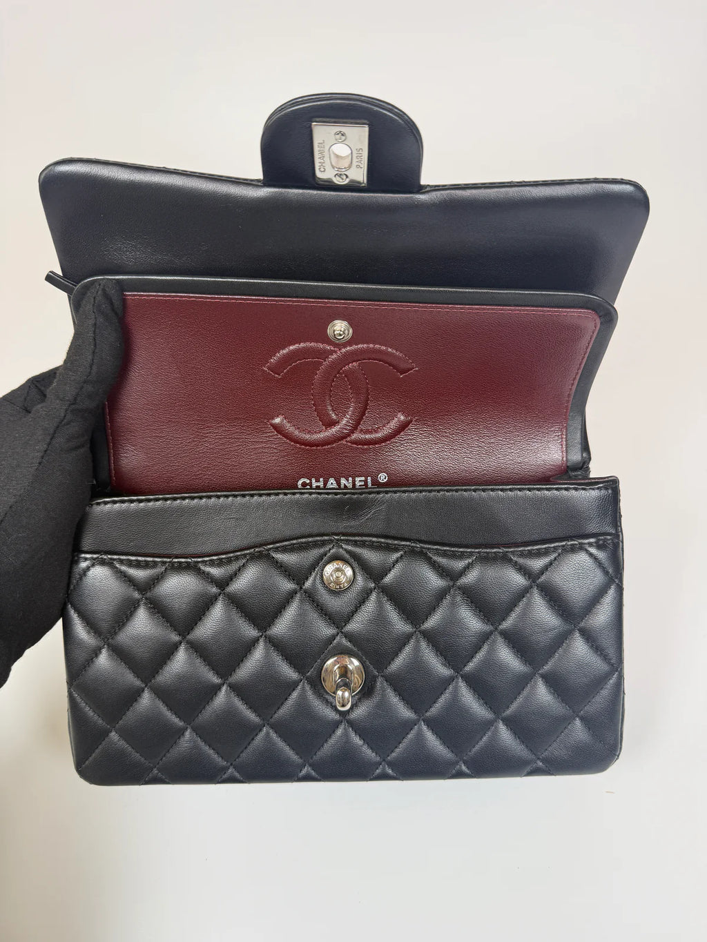 CHANEL SMALL CLASSIC DOUBLE FLAP IN BLACK LAMBSKIN LEATHER WITH SILVER HARDWARE