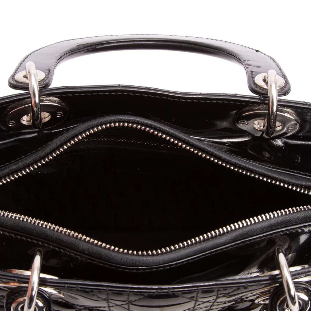 Christian Dior Black Cannage Patent Leather Medium Lady Dior Bag
