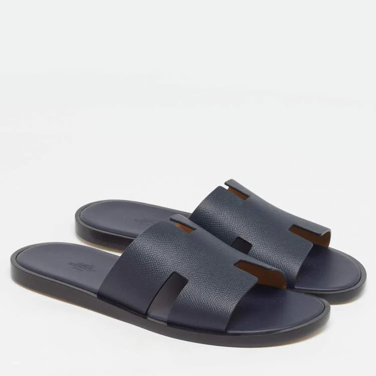 Hermès Izmir Size 43.5 Navy Blue Leather Flat Slides