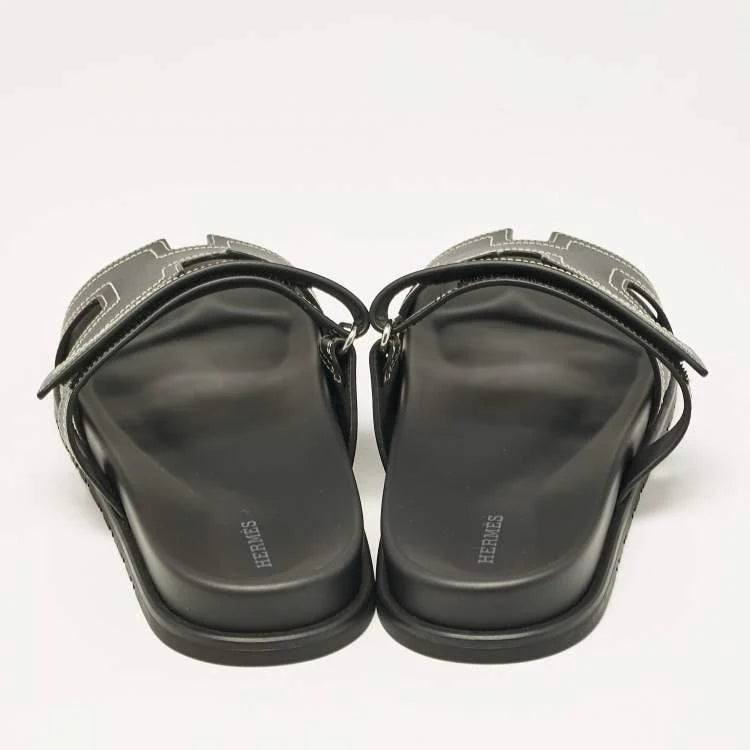 Hermes Black Leather Chypre Sandals Size 46