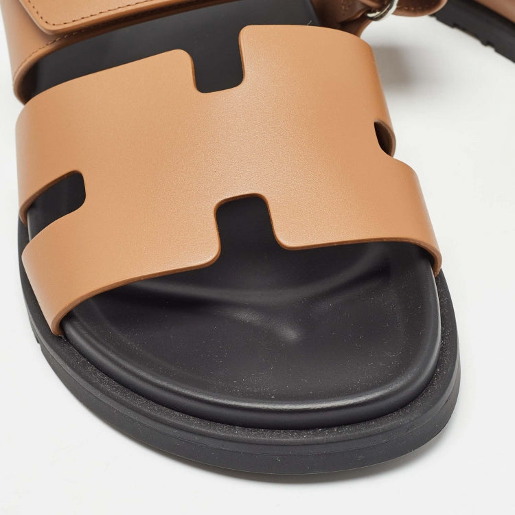 Hermes Brown Leather Chypre Flat Slides Size 39