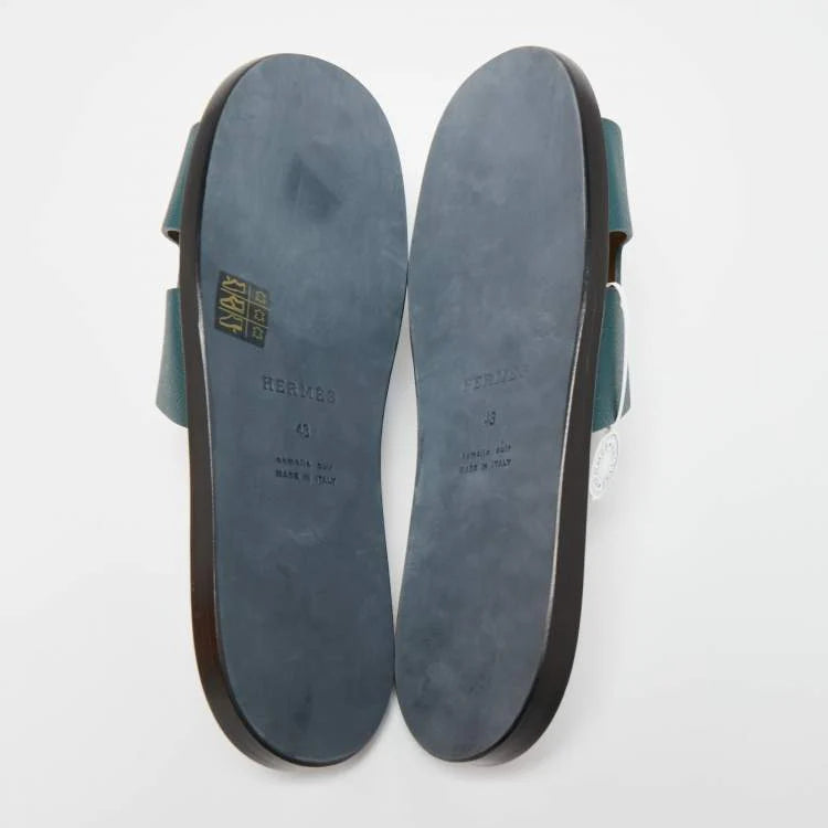 Hermes Green Leather Izmir Flat Slides Size 43
