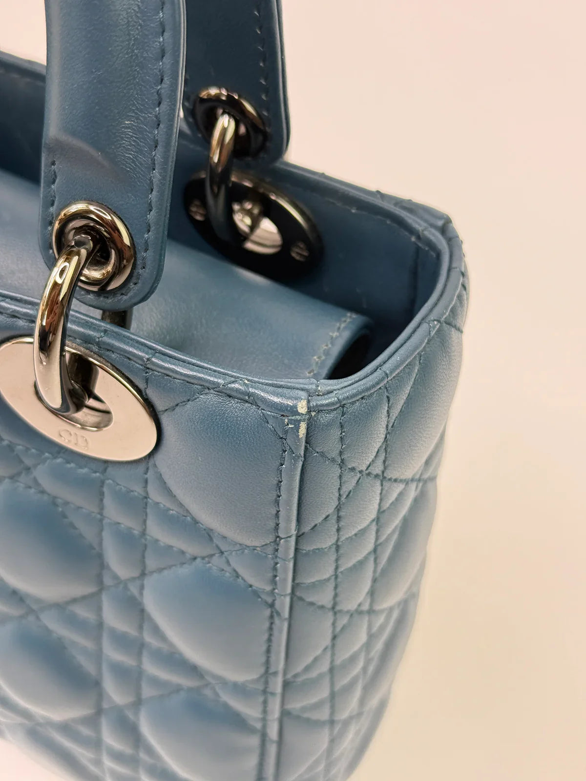 CHRISTIAN DIOR LADY DIOR SMALL BAG IN DENIM BLUE WITH SILVER HARDWARE