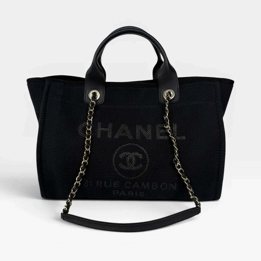 CHANEL SMALL DEAUVILLE TOTE BAG IN BLACK WITH PALE GOLD HARDWARE