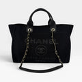 CHANEL SMALL DEAUVILLE TOTE BAG IN BLACK WITH PALE GOLD HARDWARE