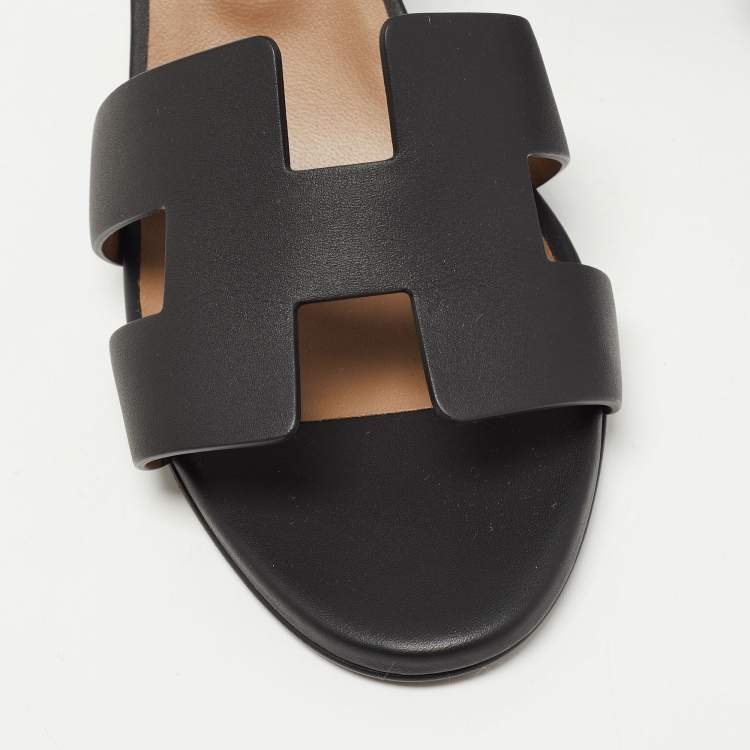 Hermes Black Leather Legend Wedge Ankle Strap Sandals Size 38