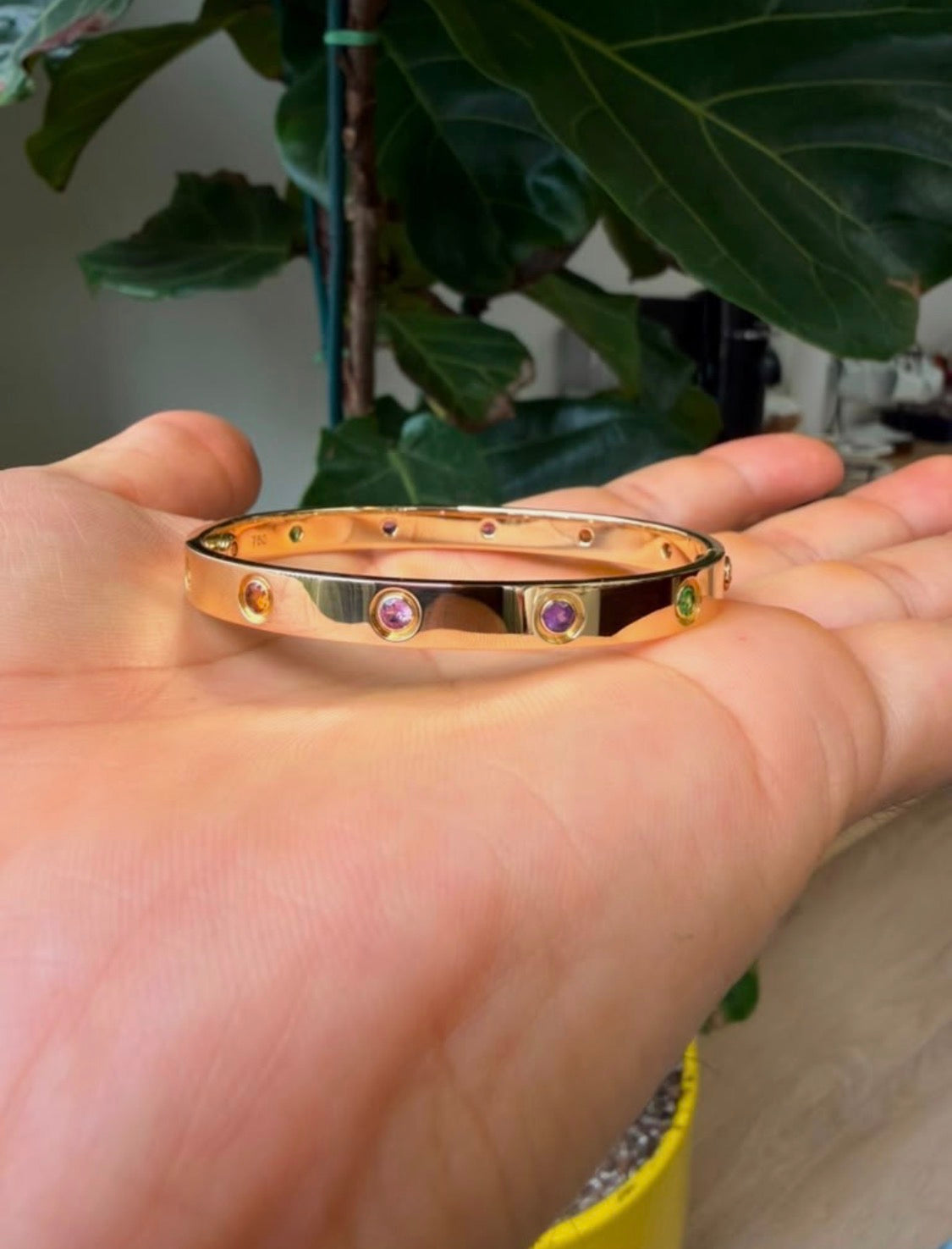 Cartier Love 18k Yellow Gold Multi Gemstone Bangle Bracelet Size 17