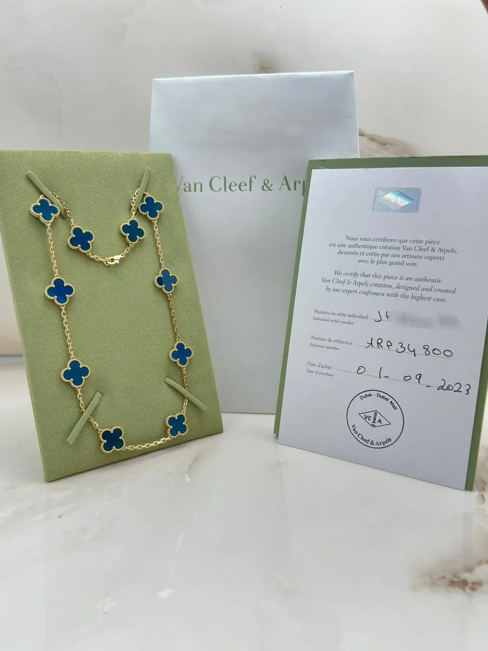 Van Cleef And Arpels Vintage Alhambra Necklace 10 Motifs Blue Agate