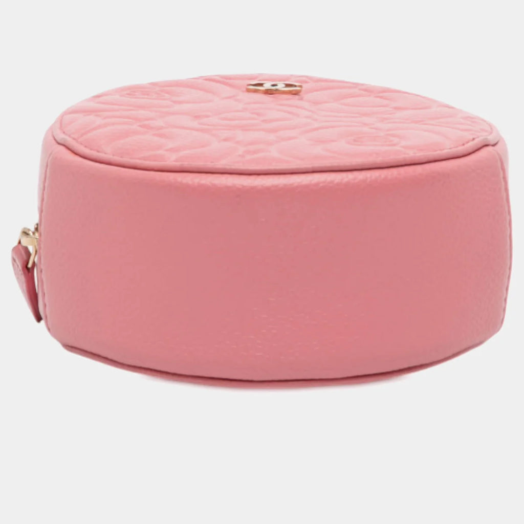 Chanel Pink CC Embossed Caviar Camellia Round Clutch With Chain