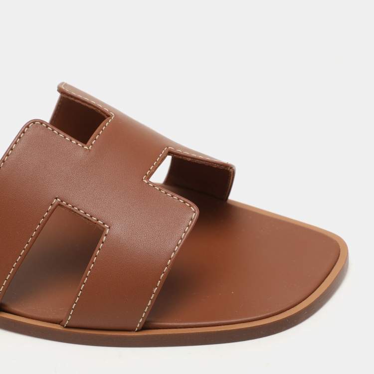 Hermes Gold Leather Oran Flat Sandals Size 40.5