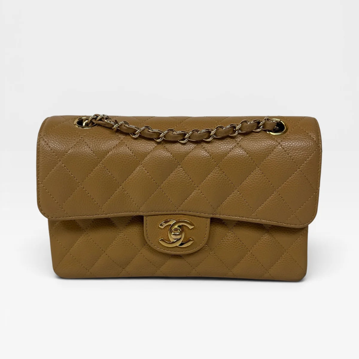 CHANEL SMALL CLASSIC DOUBLE FLAP IN BEIGE CAVIAR LEATHER WITH GOLD HARDWARE