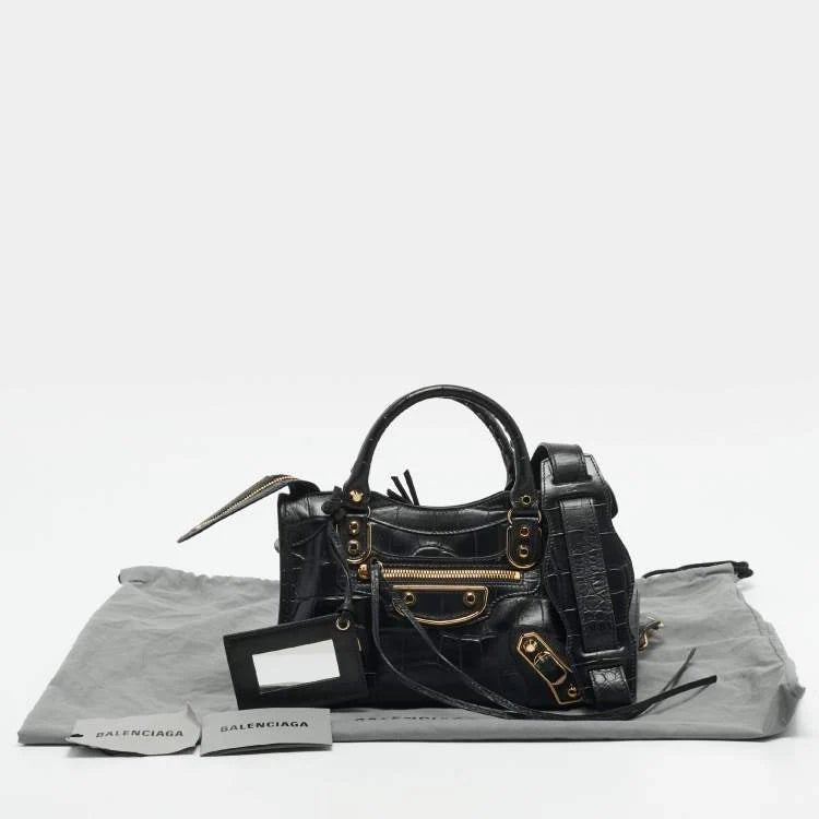 Balenciaga Metallic Edge City Mini Black Croc Embossed Leather Tote
